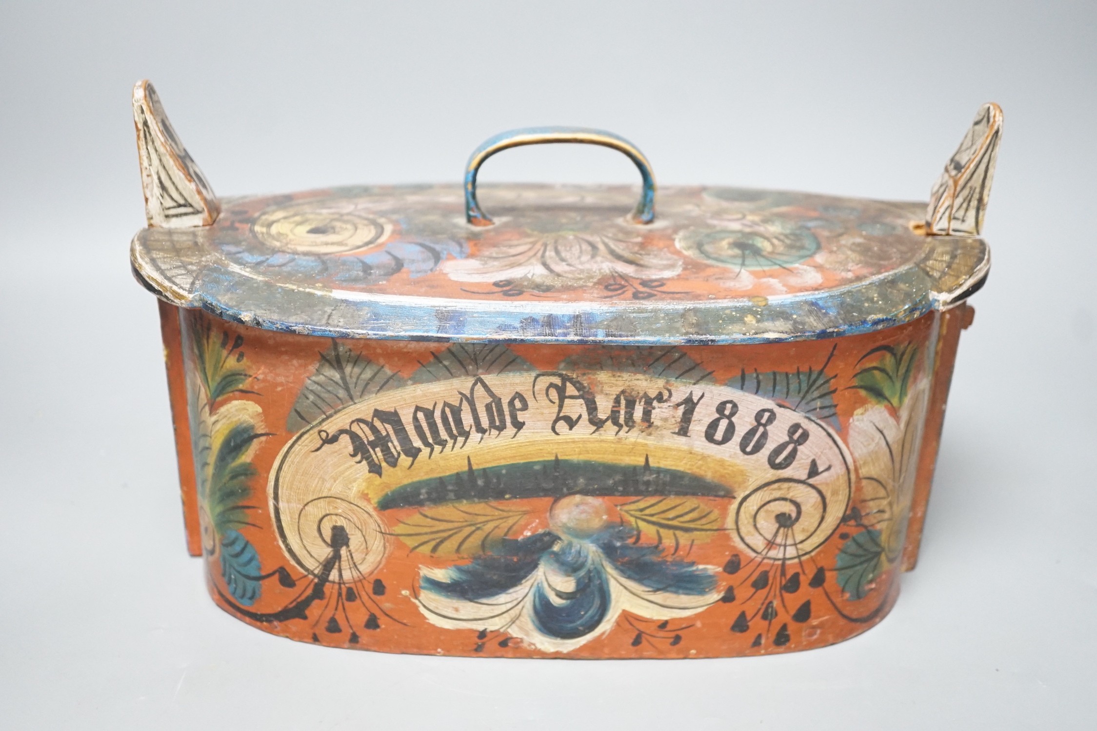 A 19th-century Norwegian painted Birchwood marriage casket 30cm